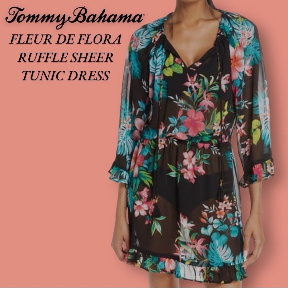 Tommy Bahama Size S Floral Black Ruffle Sheer Tunic‎ Dress Swim Coverup Vacation
